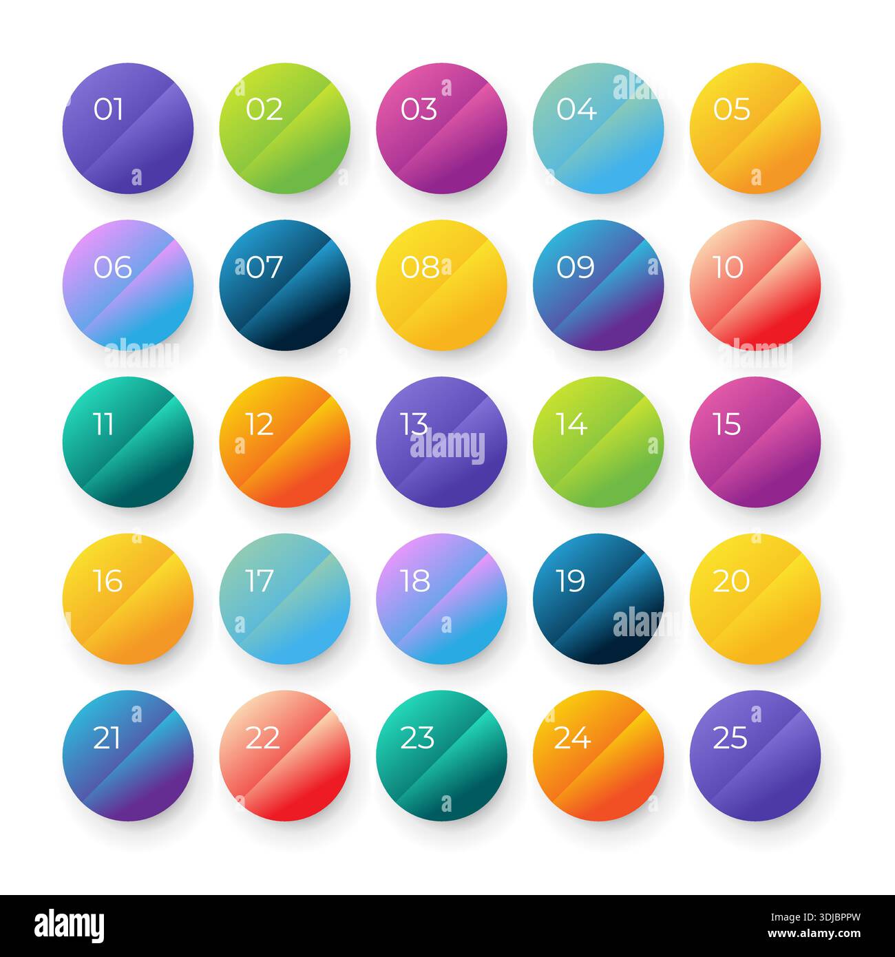 Number bullet points 1 to 25. Trendy gradient markers vector set Stock Vector
