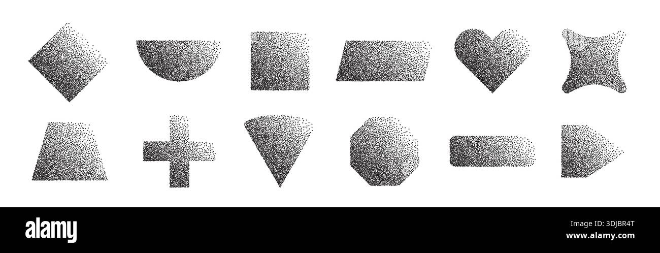 Dotted halftone geometric shapes set. Sand effect stipple dotwork Stock Vector