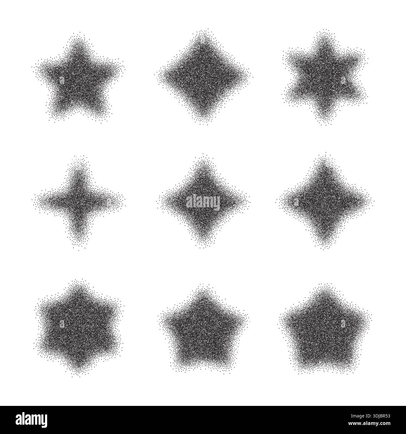 Dotwork star set. Dotted grain sparkles collection. Black noise texture vector Stock Vector