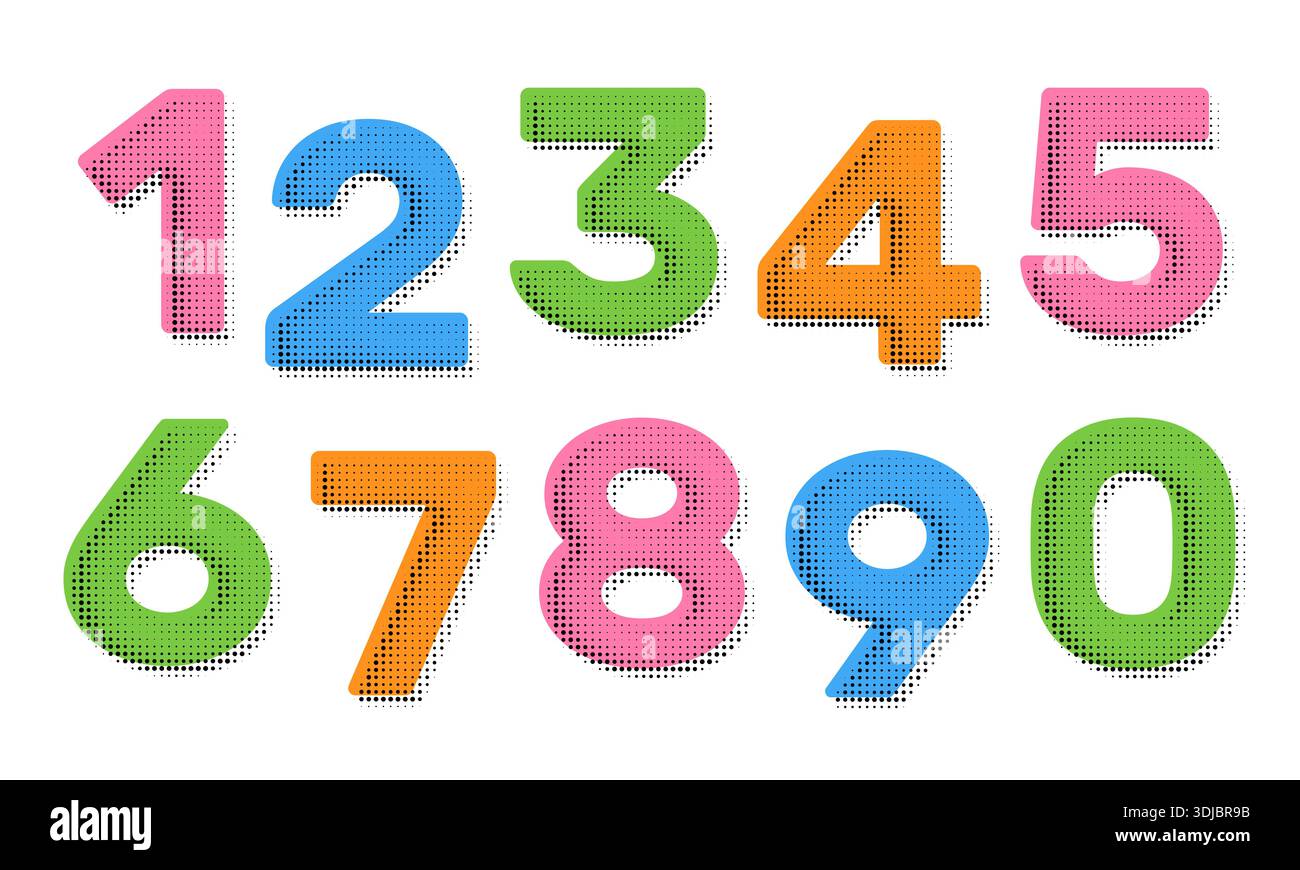 Halftone dots number set. Dotted font vector. Stock Vector