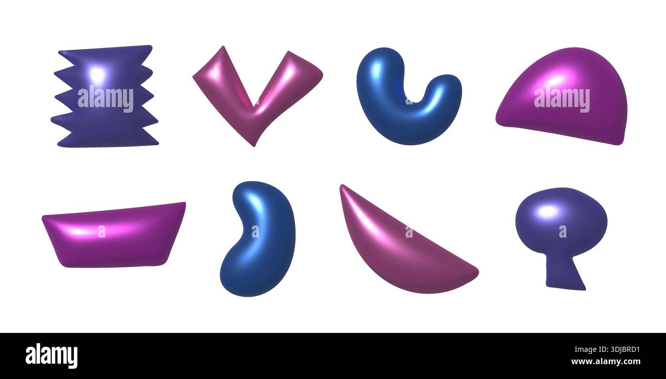 3d metallic doodle vector shapes. Trendy render chrome decoration elements Stock Vector