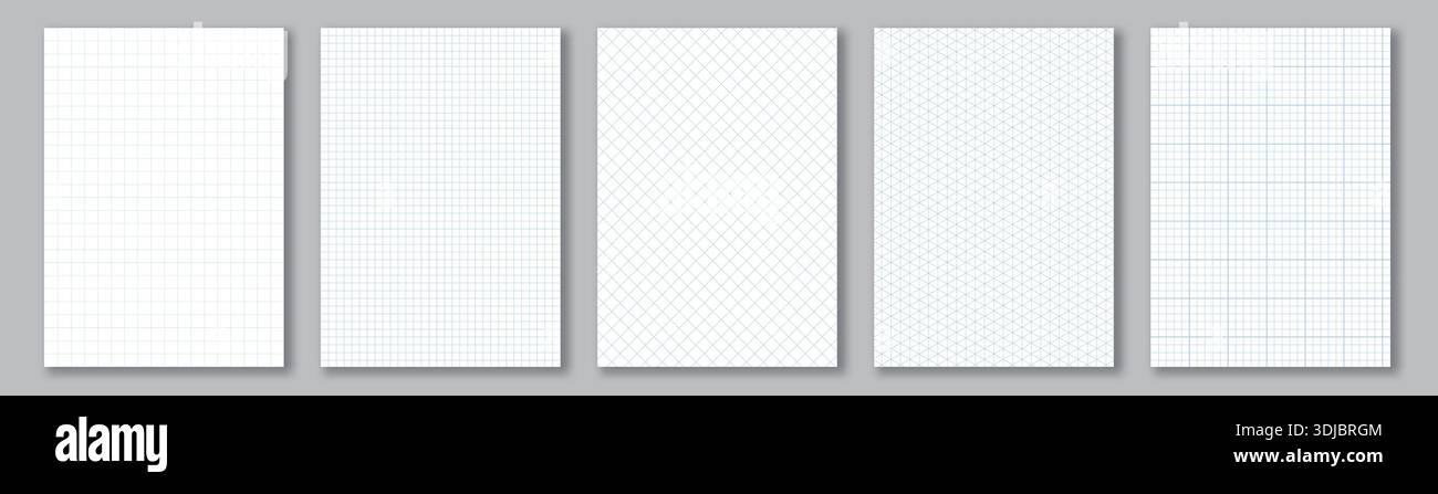 Notebook paper collection. A4 format sheets with blue grid Stock Vector