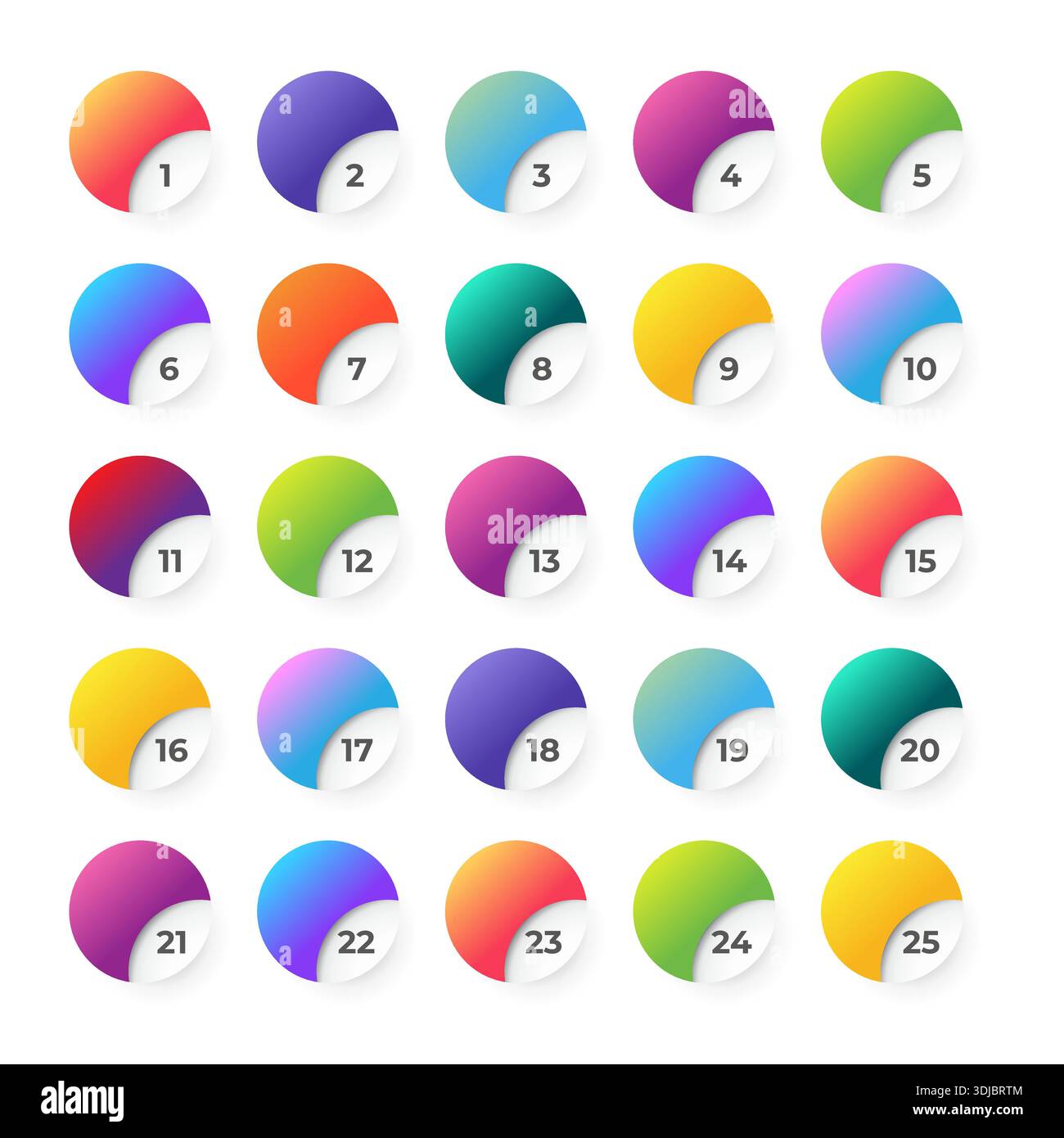 Number bullet points 1 to 25. Trendy gradient 3d markers vector collection Stock Vector