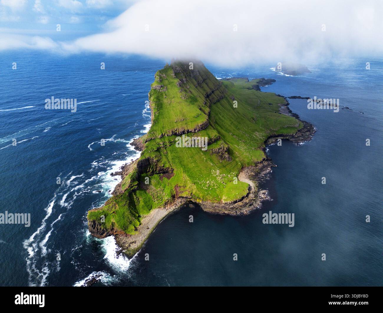 Faroe Islands Vagar, aerial drone view during day in North Atlantic ...