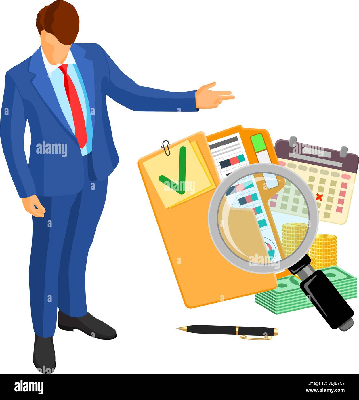 Auditing, Tax, Business Accounting Banner. Auditor, magnifying Glass and folder with checked up Financial Reports, calendar and money. Flat Style Icon Stock Vector
