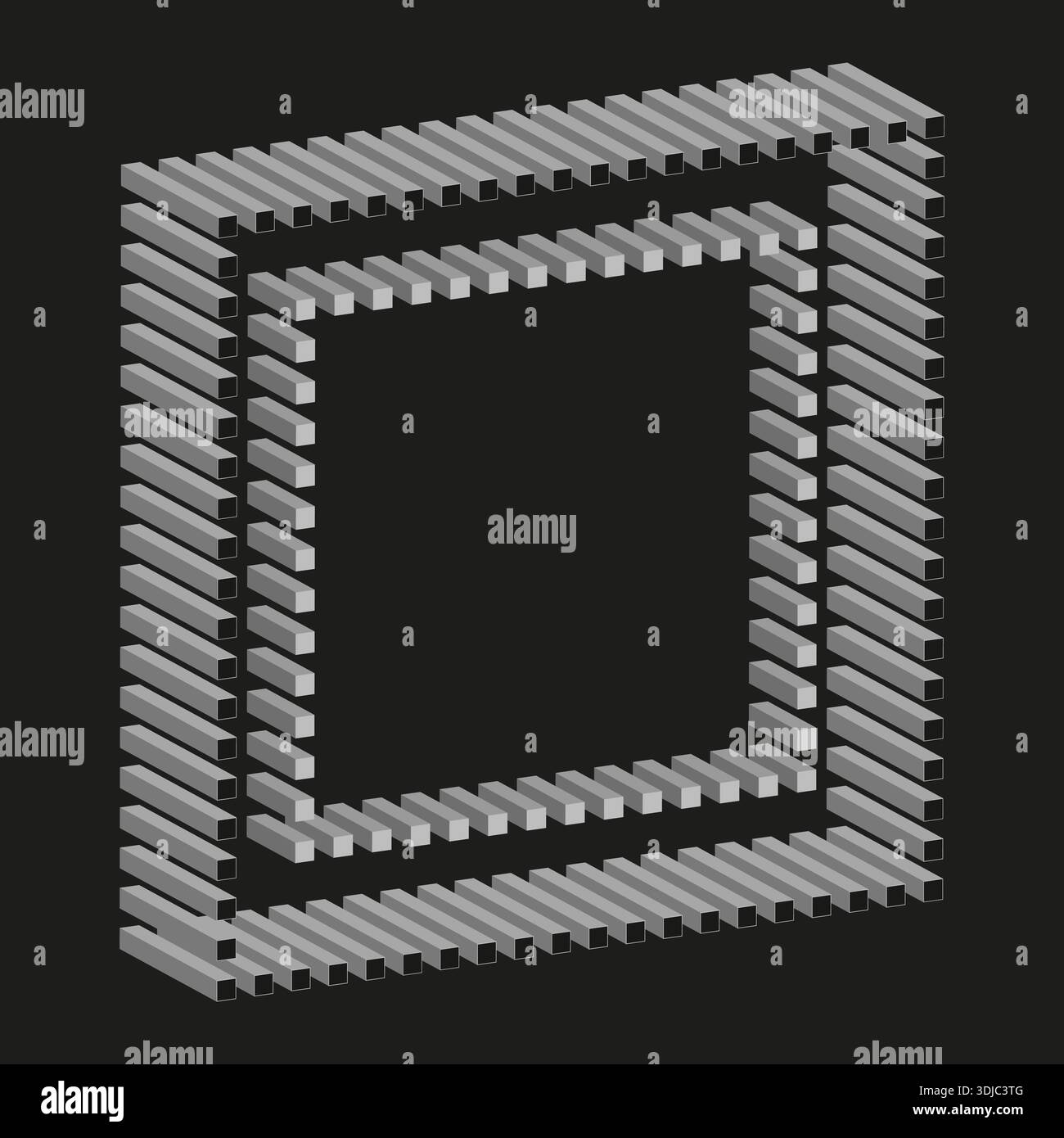 Nested square Vector. 3D frame structure. Grey geometry symbol. Professional black background. EPS 10. Stock Vector
