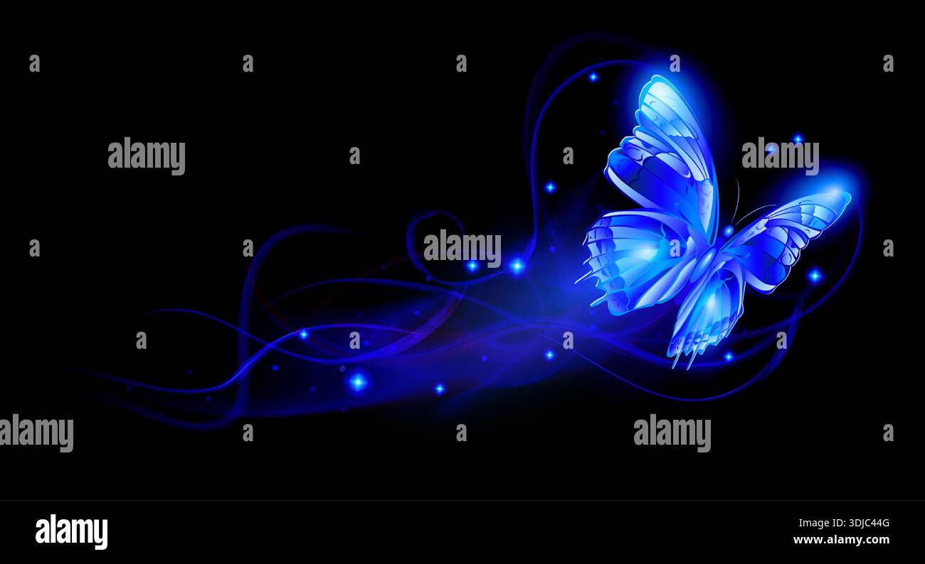Illustration of a sparkling and glowing blue fire butterfly flying on a ...