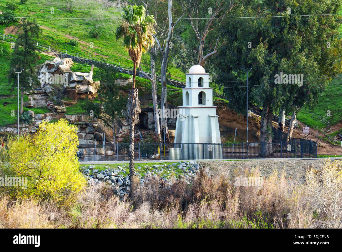 Mission Revival bell tower at Mt Rubidoux Trail and Memorial Park ...