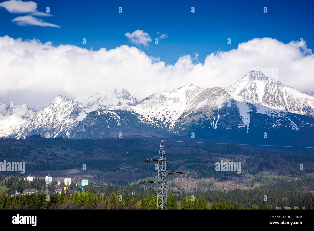 snow capped mountain peaks of high tatras in spring. scenic view of popular travel destination for remote trekking in slovakia, europe. alpine landsca Stock Photo