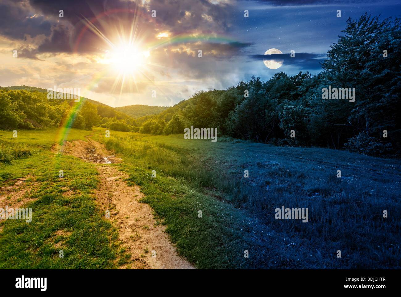 country dirt road hides in the woods. day and night time change concept. path through grassy alpine pasture on summer solstice with sun and moon at tw Stock Photo