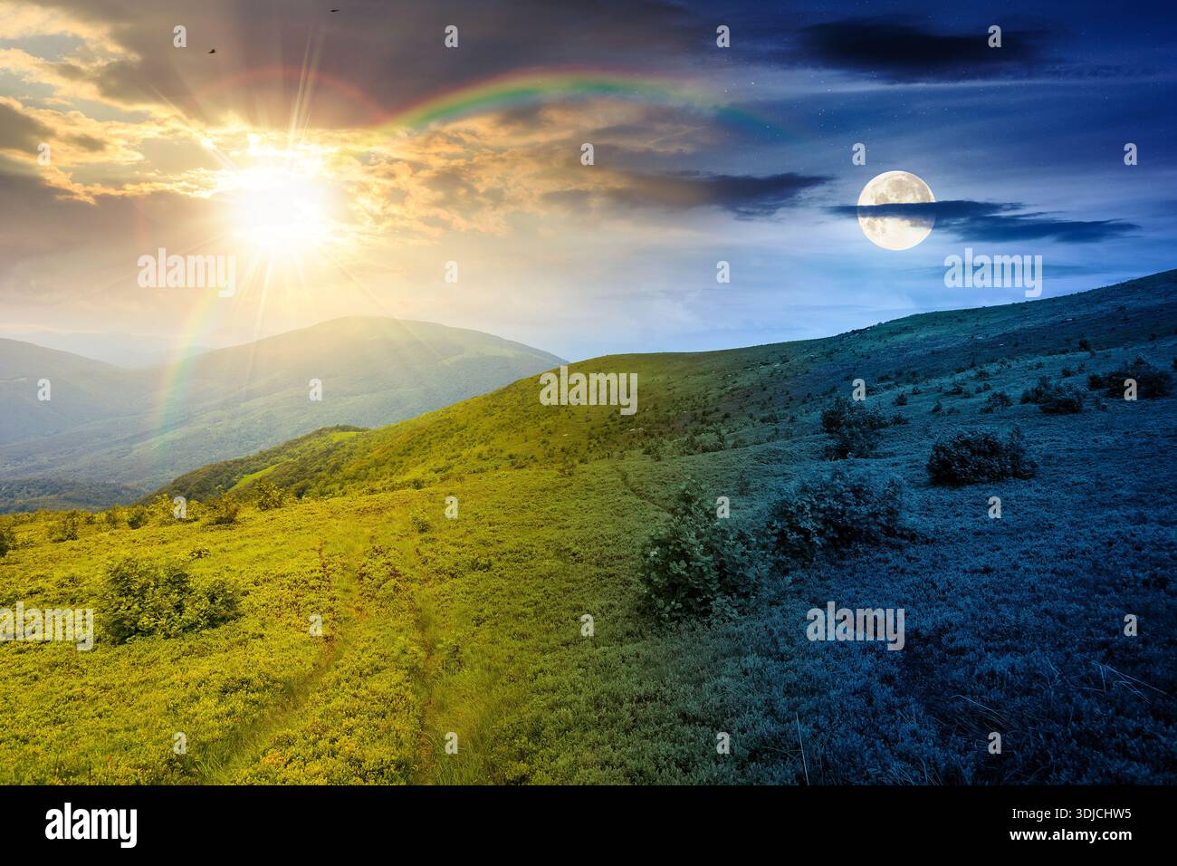 wonderful summer landscape of mountains. time change concept. scenic alpine view of rolling hills and green meadow with sun and moon at twilight. unce Stock Photo
