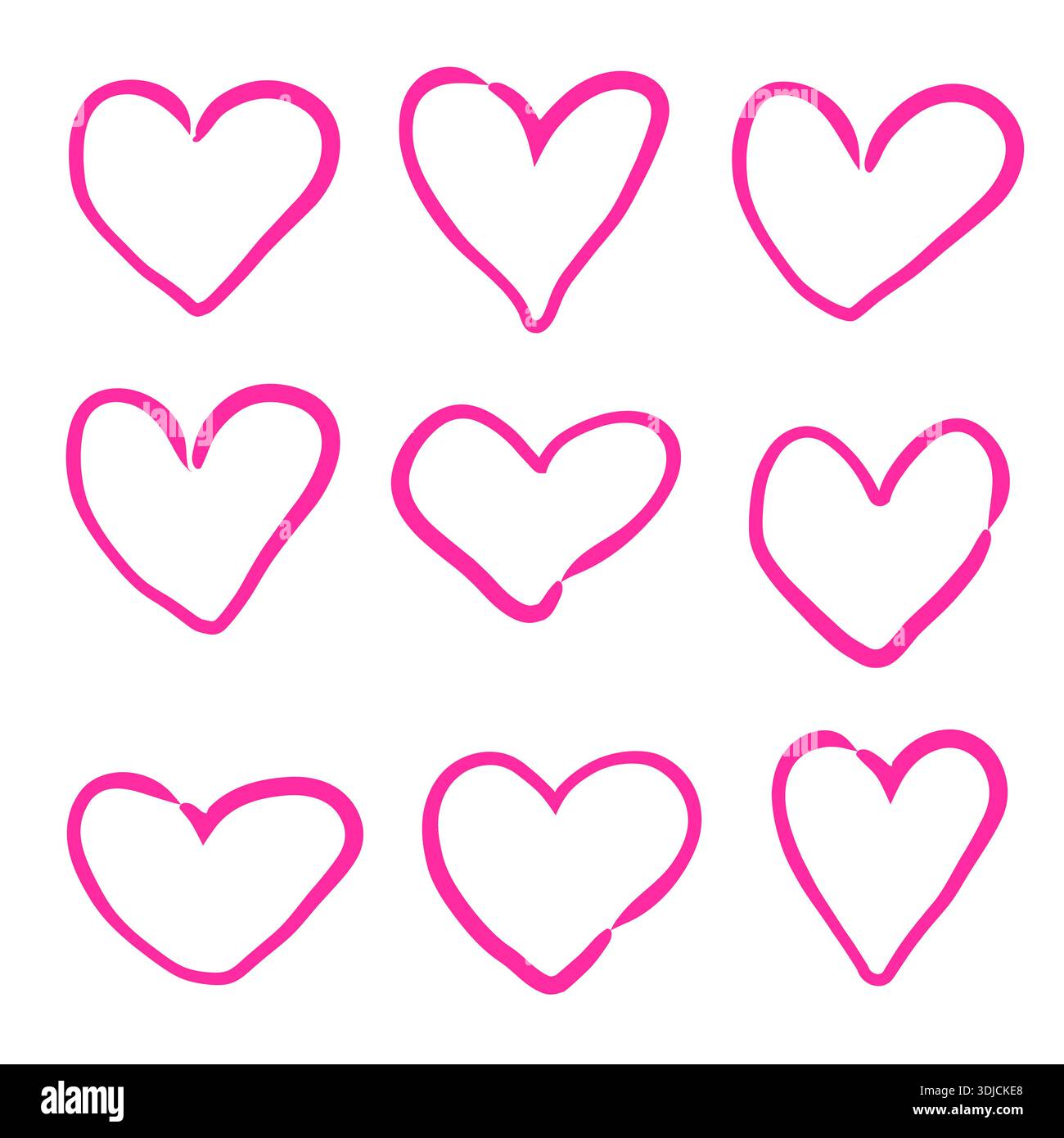 Collection of hand drawn pink heart outlines, minimal doodle style ...