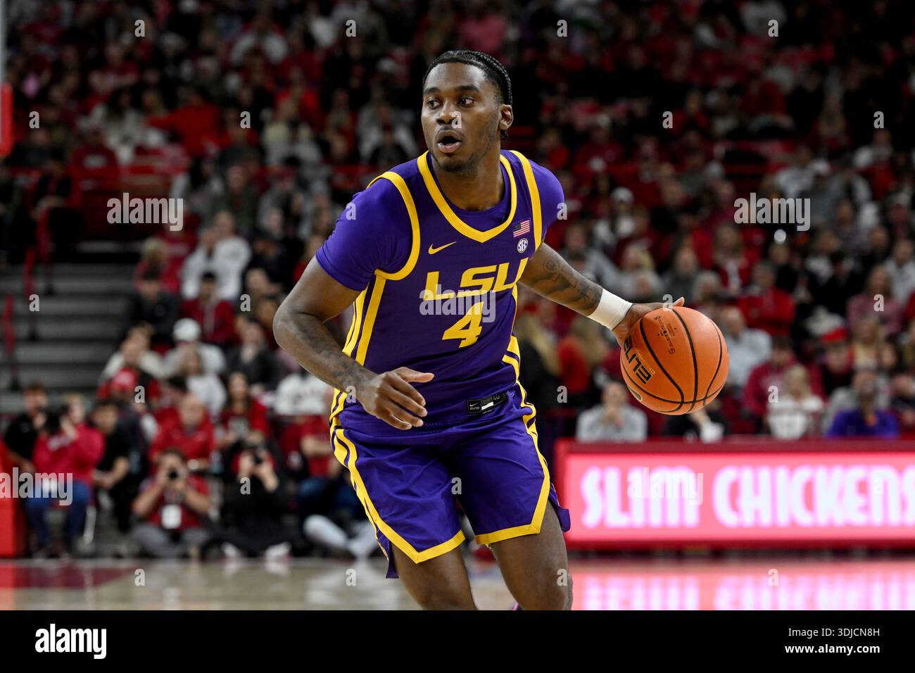 LSU guard Rashad King (4) runs a play against Arkansas during an NCAA ...