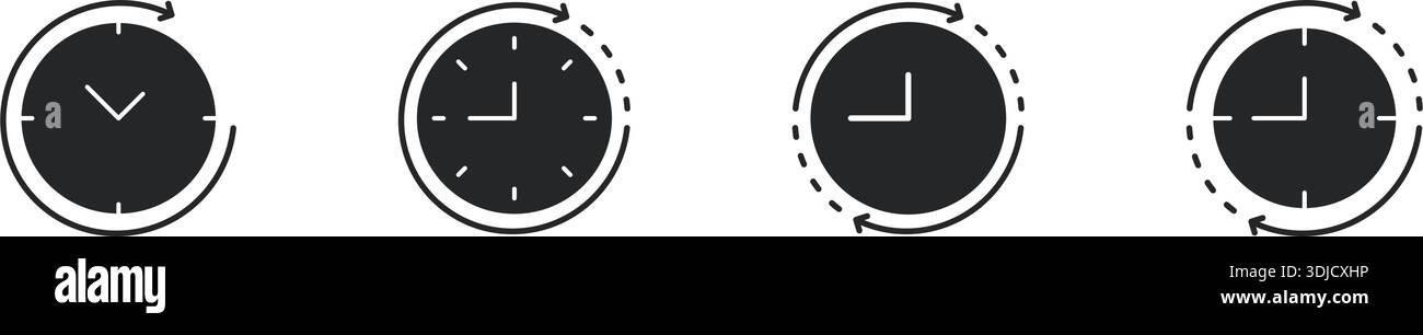 Clock With Circular Arrow Solid Icon Set. Time Management, Scheduling, And Deadline Tracking Silhouette Symbol Collection. Efficient Planning And Stock Vector