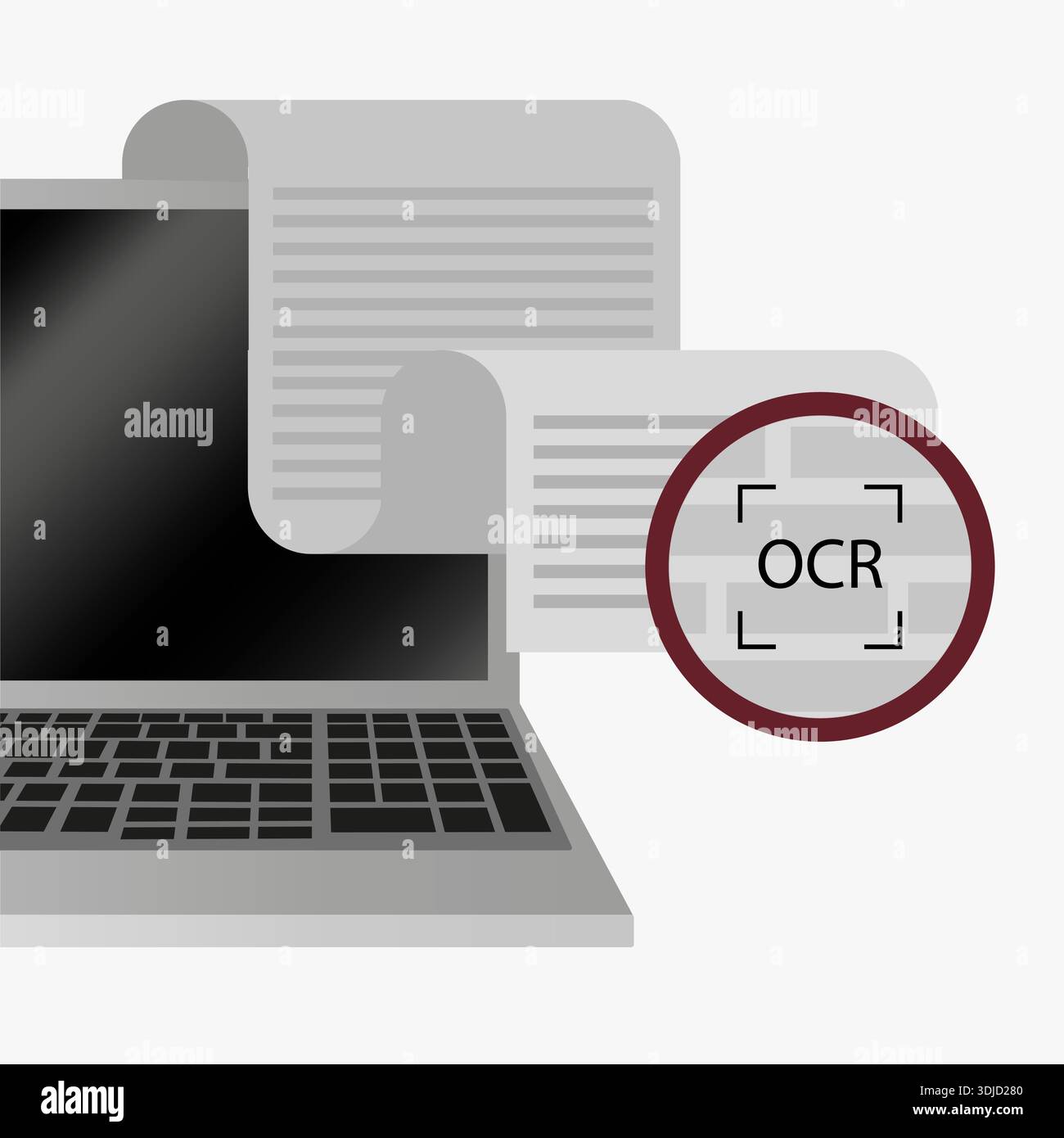 Laptop document scan. Optical recognition vector. Ocr text symbol. Digital file processing. Stock Vector