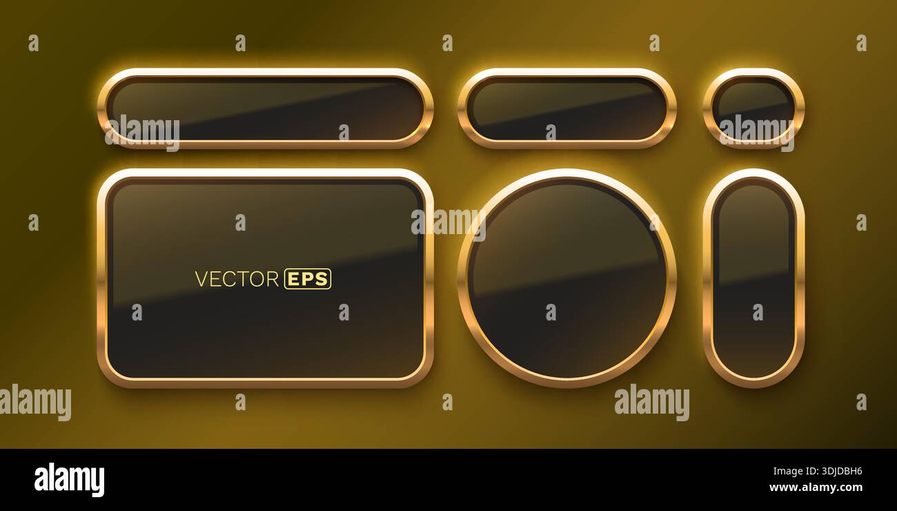 Elegant golden frame and button set on a dark background. Shiny, glossy ...