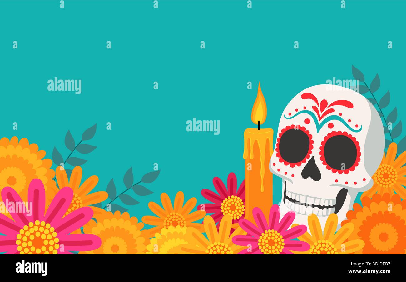 Day of the Dead Sugar Skull with Candle and Marigold Flowers, Día de los Muertos background Stock Vector