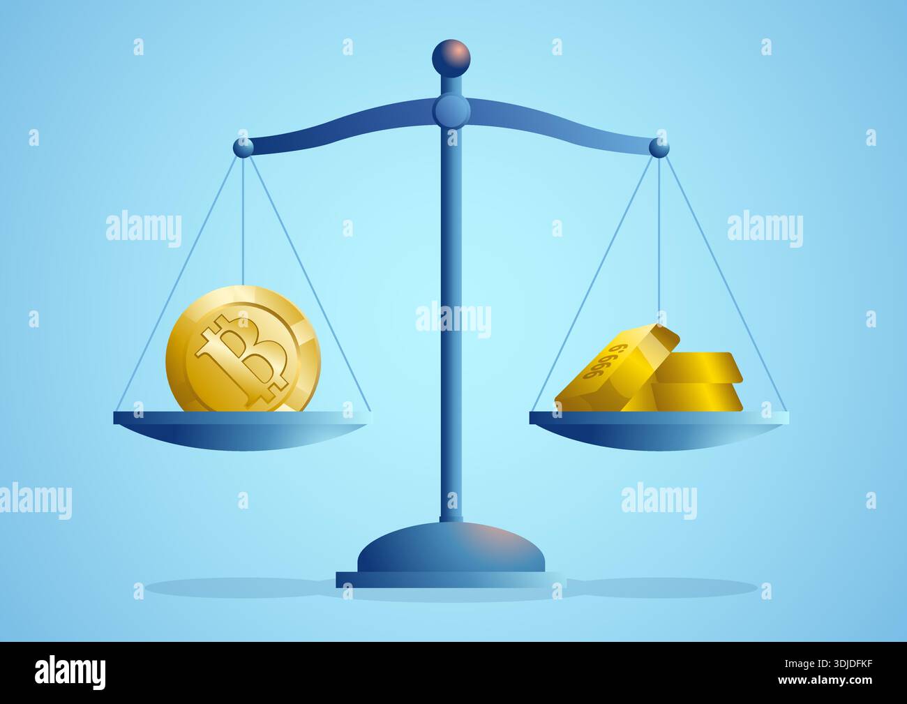 Conceptual illustration showing Bitcoin and gold bars balanced on a scale, comparison between cryptocurrency and gold as safe-haven assets. Stock Vector