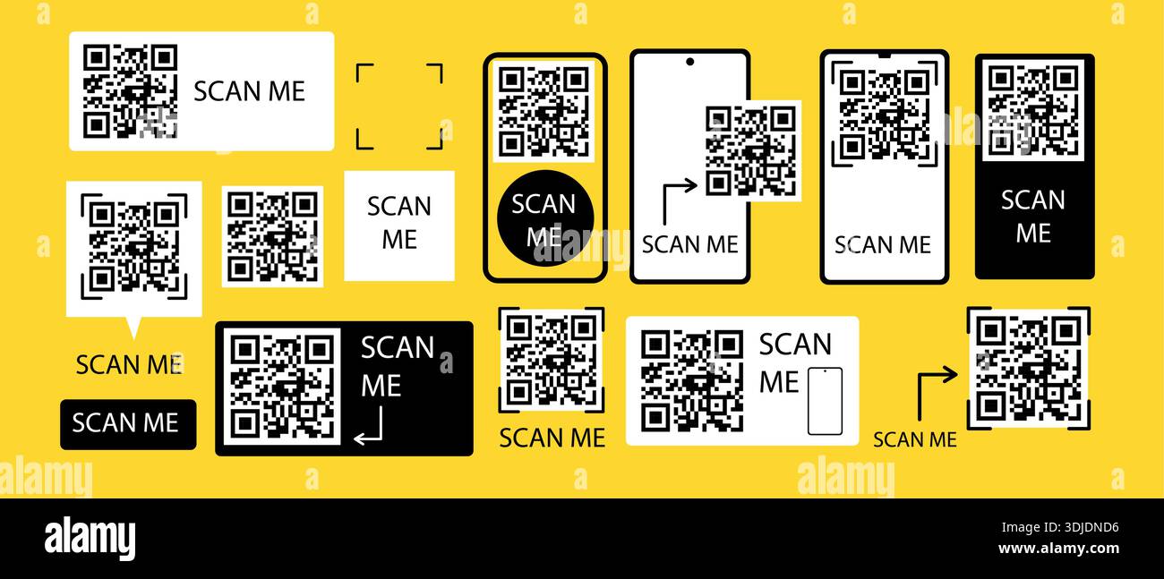 Scan me. QR code icon frame set for mobile and web. Black and white ...