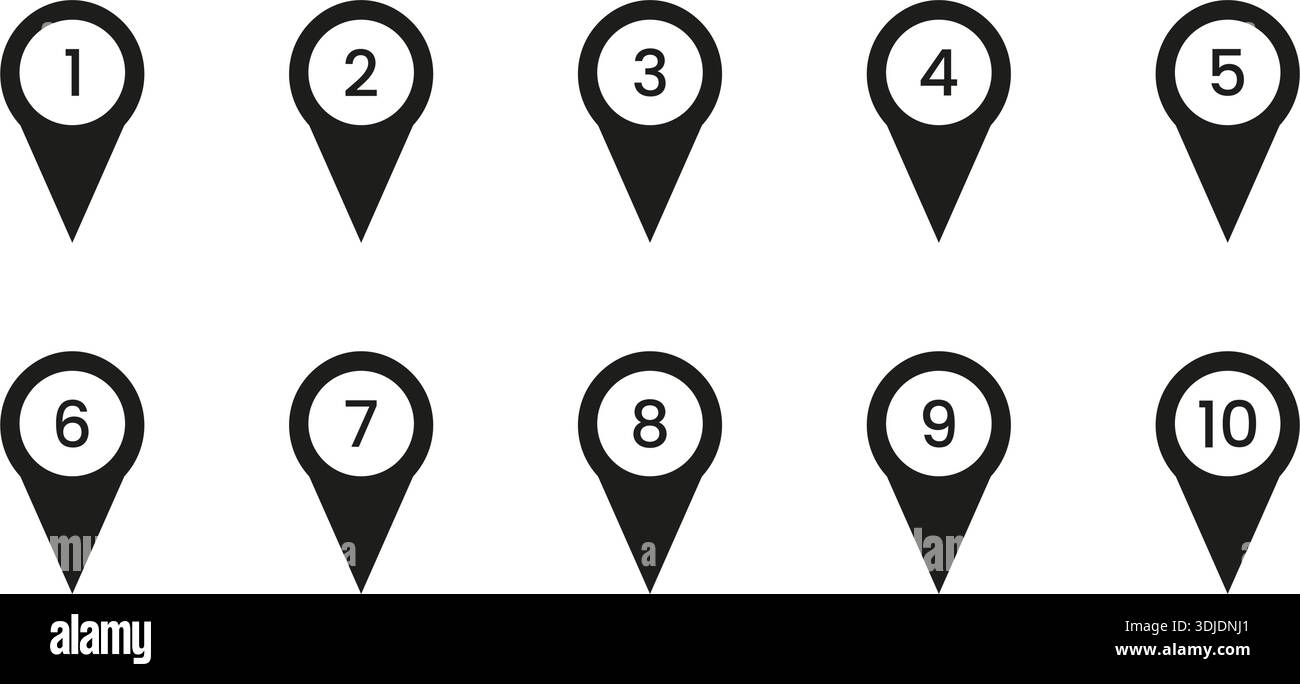 Black Numbered Location Pin Solid Icon Set. Sequential Map Marker Silhouette Symbol Collection. Navigation, Geolocation, And Wayfinding Design Stock Vector
