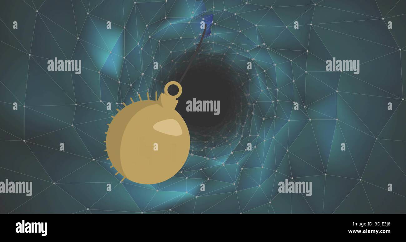 Floating matte-gold orb with loop, spikes hovering in teal wireframe ...