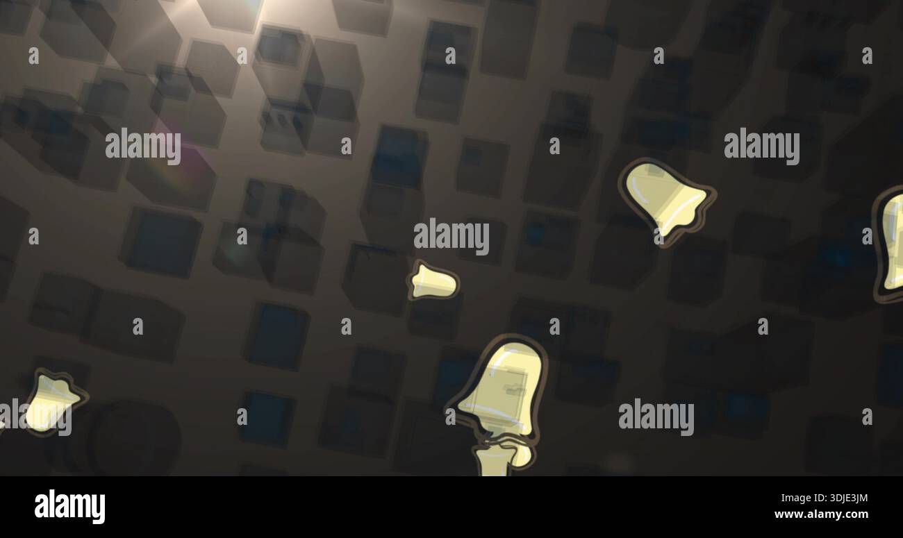Floating translucent yellow notification bells hovering over dark keycap grid, showing soft halos Stock Photo