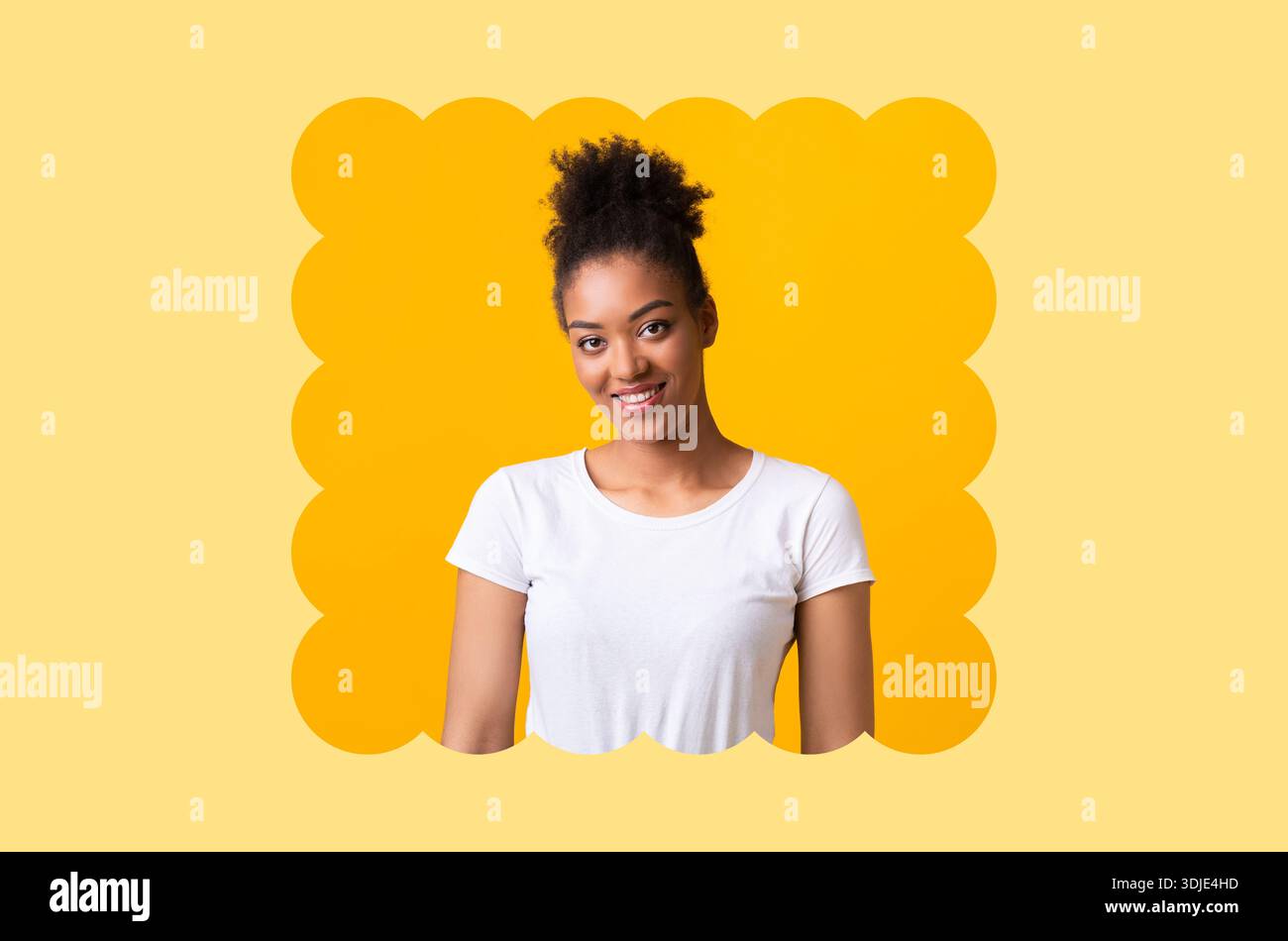 Woman Smiles in Front of a Bright Yellow Background in a Creative Collage Style Stock Photo