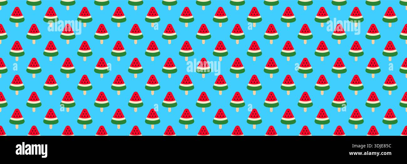 horizontal seamless red watermelon ice cream pattern on blue background. Stock Vector