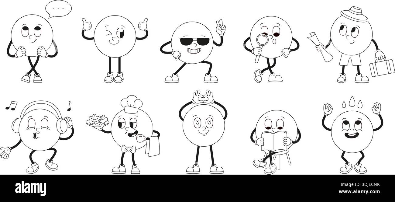 Emotional circle characters. Funny groovy characters different deals ...