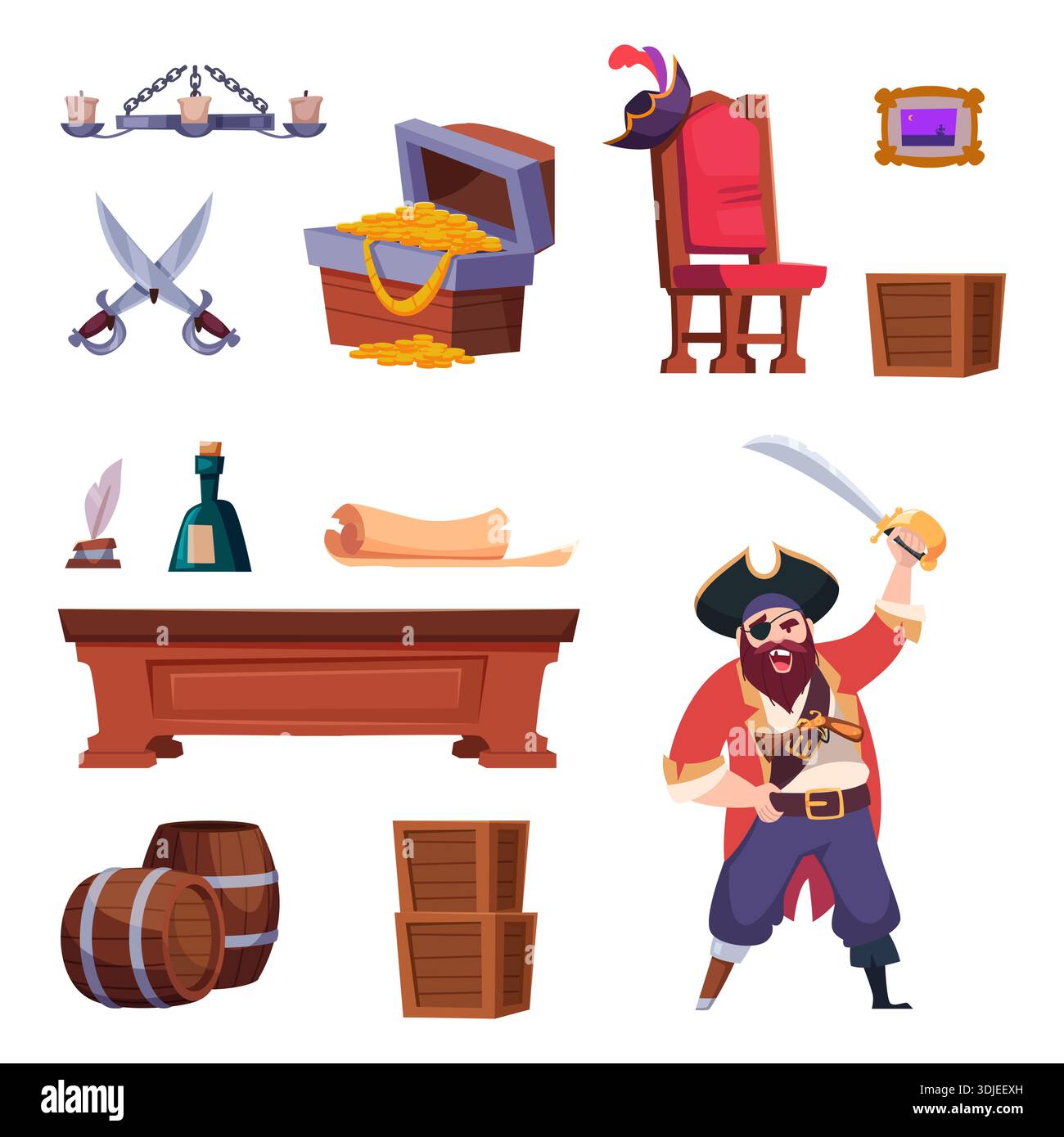 Pirates set. Table, chair, weapons, and strong drinks gold. The trappings of pirate life Stock Vector