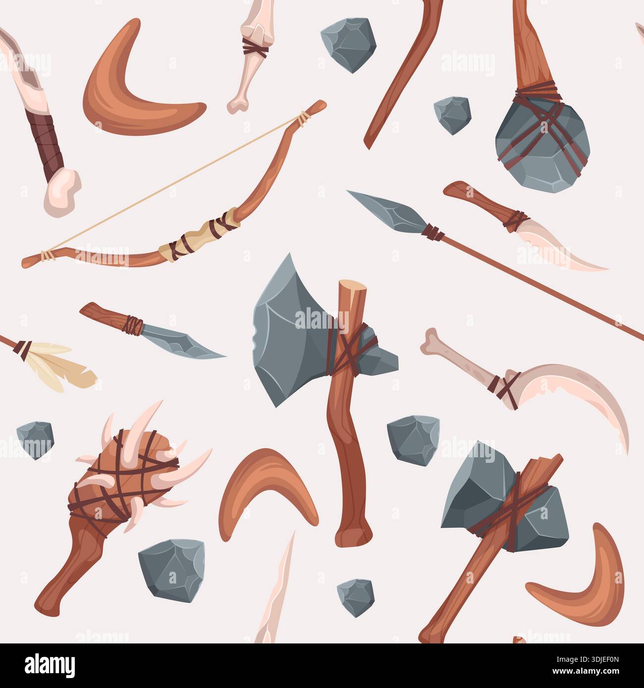 Stone Age tools. seamless pattern with axe spear and hammer from stones Stock Vector