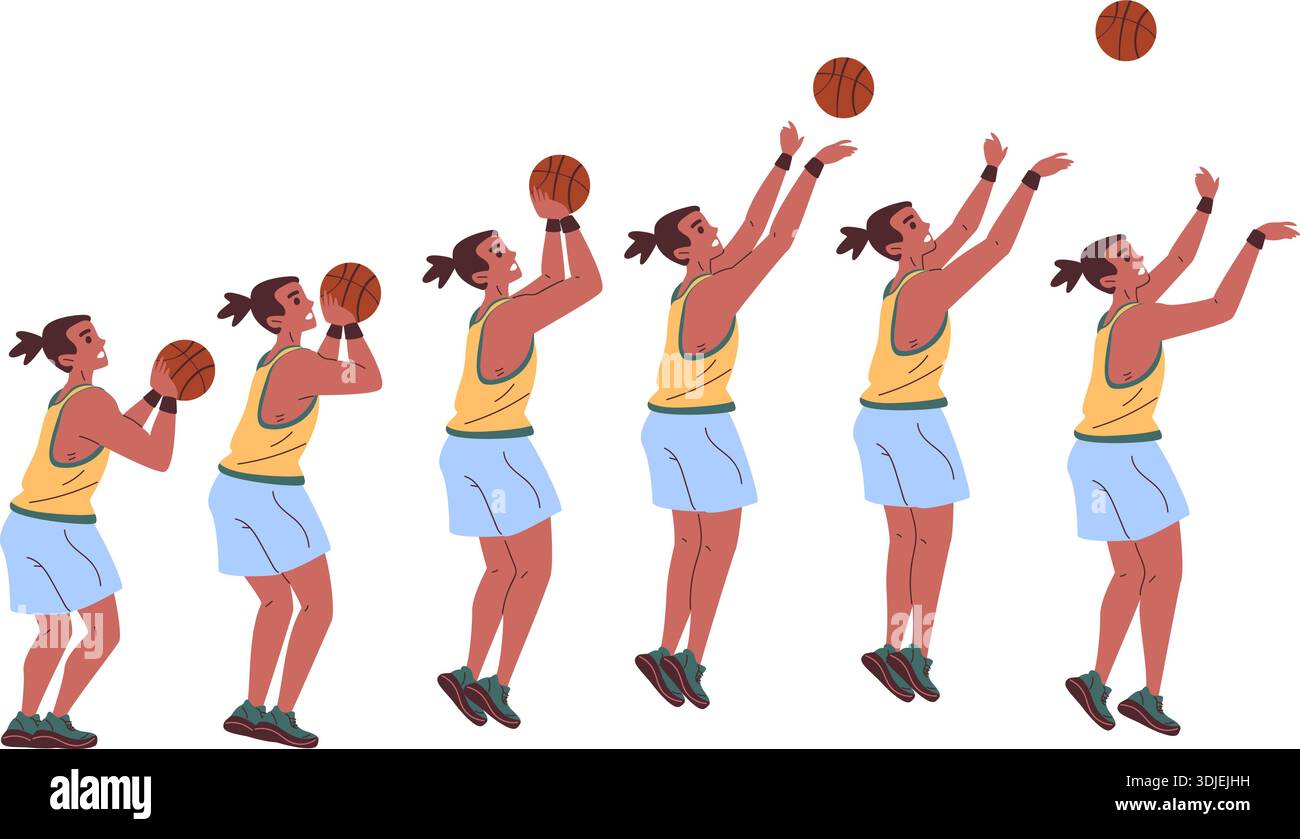 Basketball shooting. Basketball player throwing ball in basket step ...