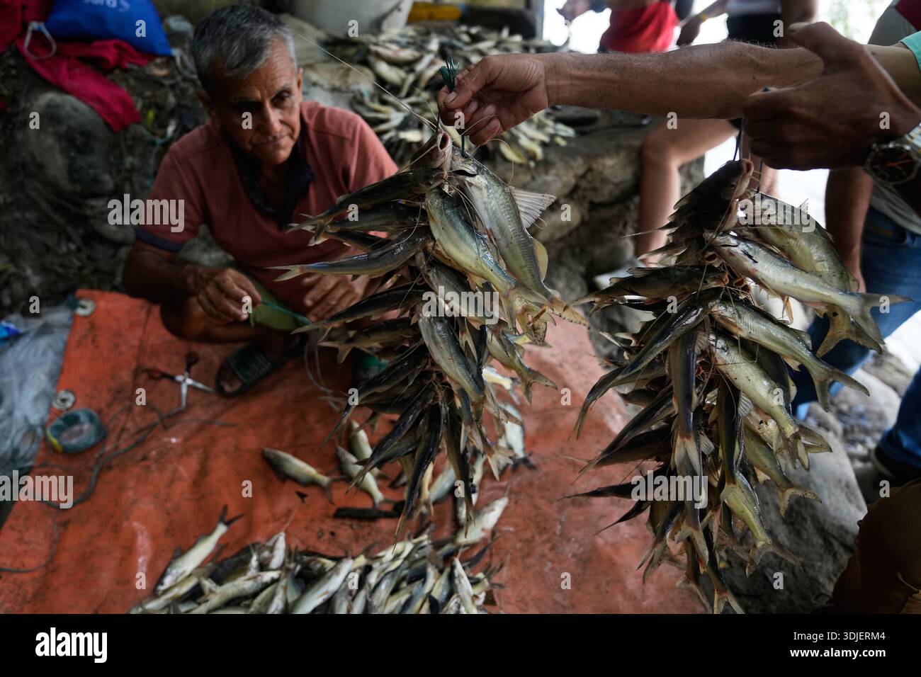 Henry Samper, left, sells fresh fish in the Magdalena River during an ...