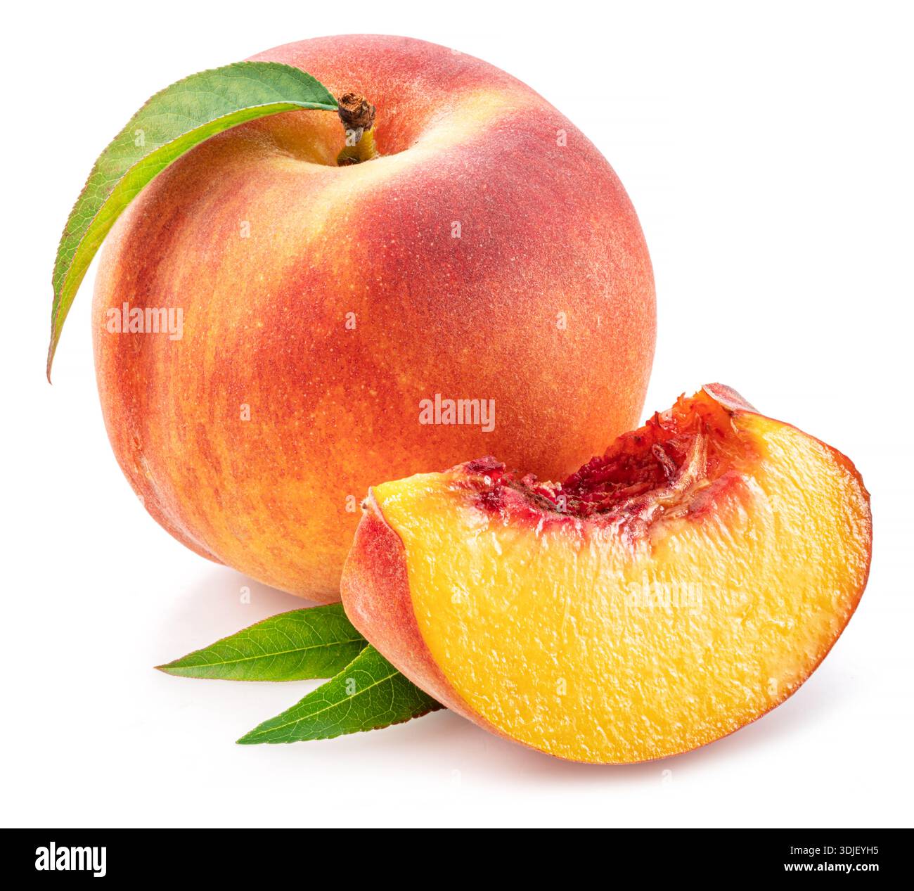 Ripe red peach with juicy peach slice and green leaf isolated on white background. Stock Photo