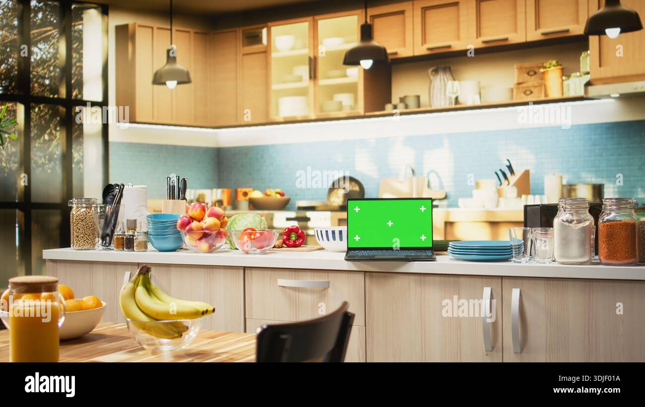 Isolated mockup with elegant kitchen interior and countertop, Stylish decorations with kitchenware, fresh produce and spices, representing culinary lifestyle and clean household organization. Stock Photo