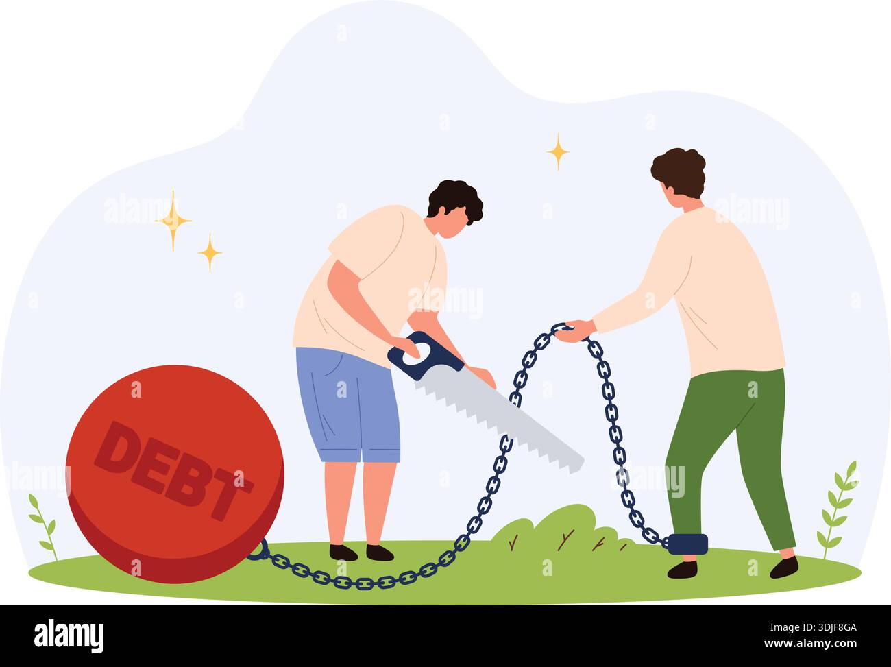 Red Debt Two people using a saw to cut a chain attached to a large red debt ball ...