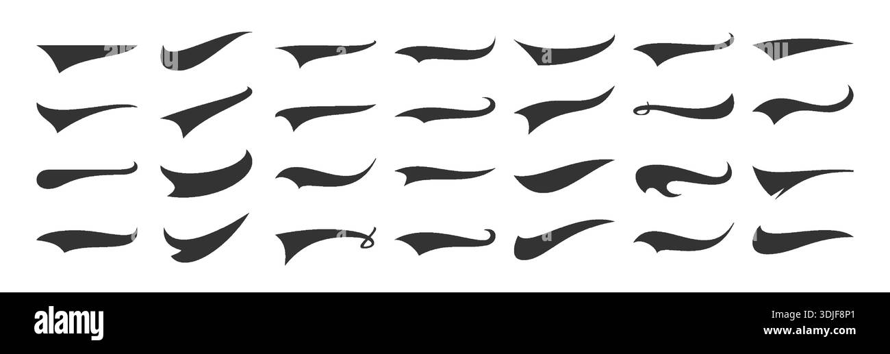 Swoosh Brush Strokes Collection with Dynamic Curves and Tapered Ends. Abstract Calligraphic Design Elements for Logos, Typography, Branding. Fluid Brush Style Flourish Shapes Set. Vector Illustration Stock Vector