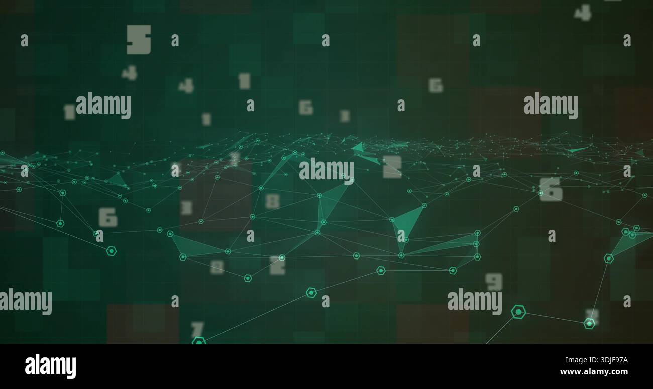 Displaying teal network mesh in virtual data field, showing connected nodes, floating numerals Stock Photo
