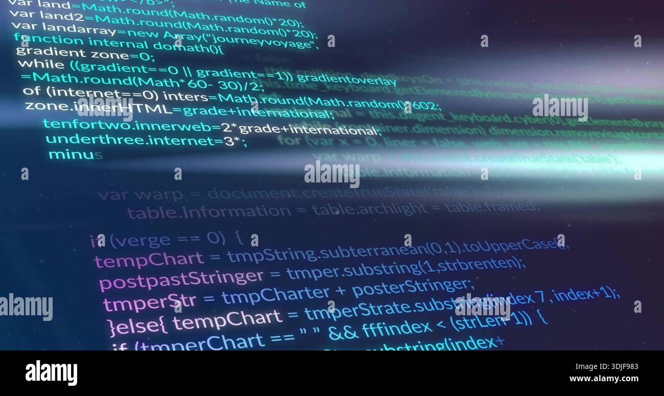 Displaying dev workstation screen showing syntax-colored JS code at desk, with bright light streak Stock Photo