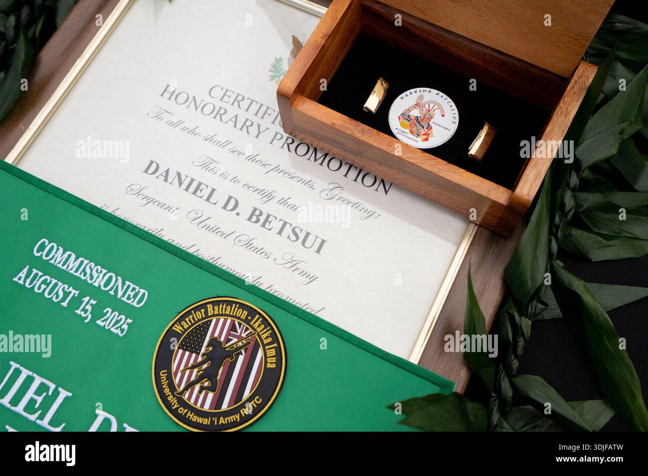 A certificate of honorary promotion, gold second lieutenant bars and a ...