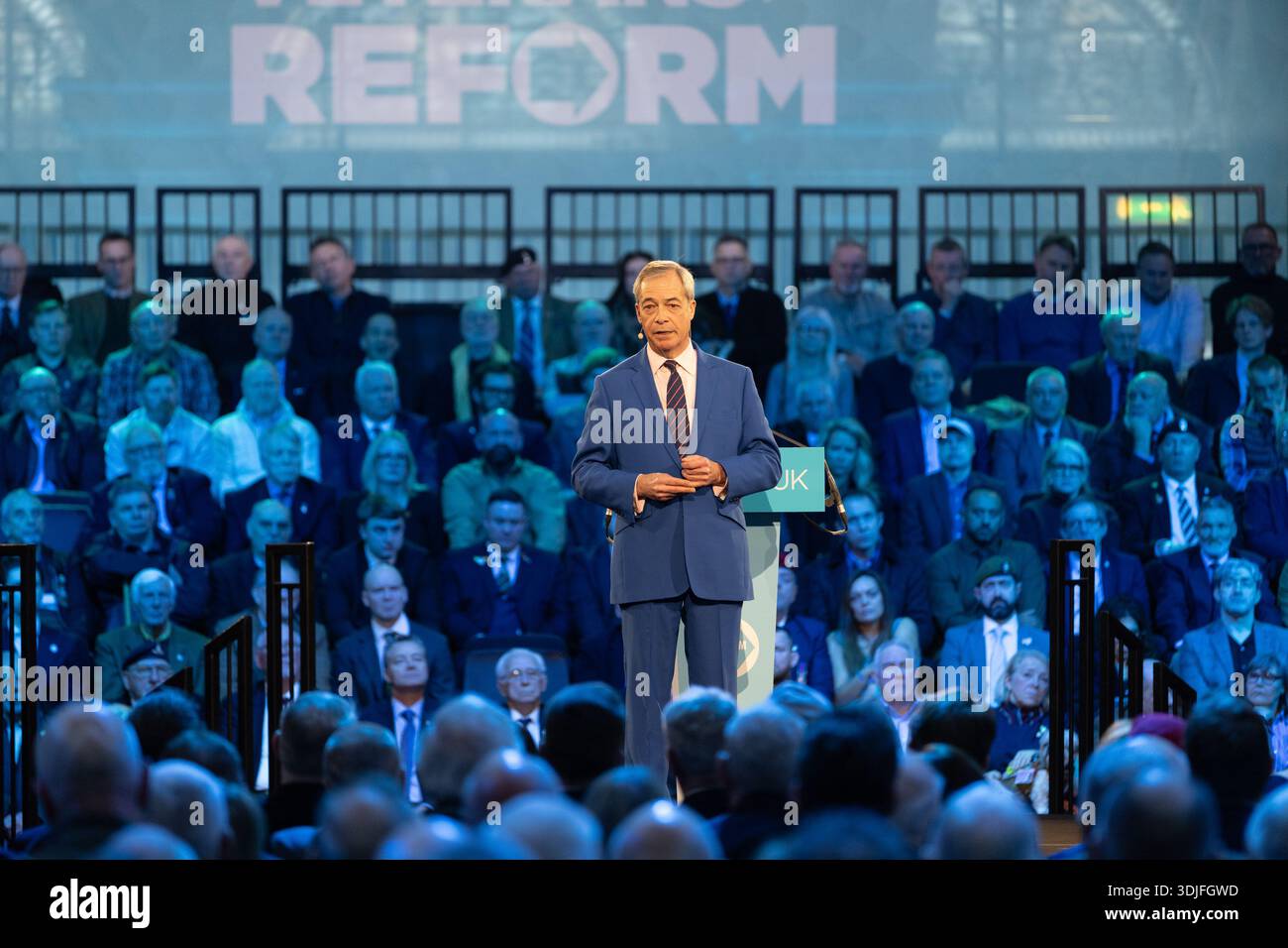 Reform UK leader Nigel Farage speaks during a Veterans for Reform rally ...