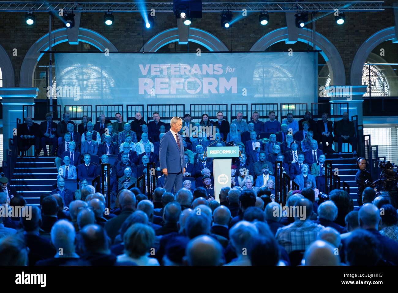 Reform UK leader Nigel Farage speaks during a Veterans for Reform rally ...