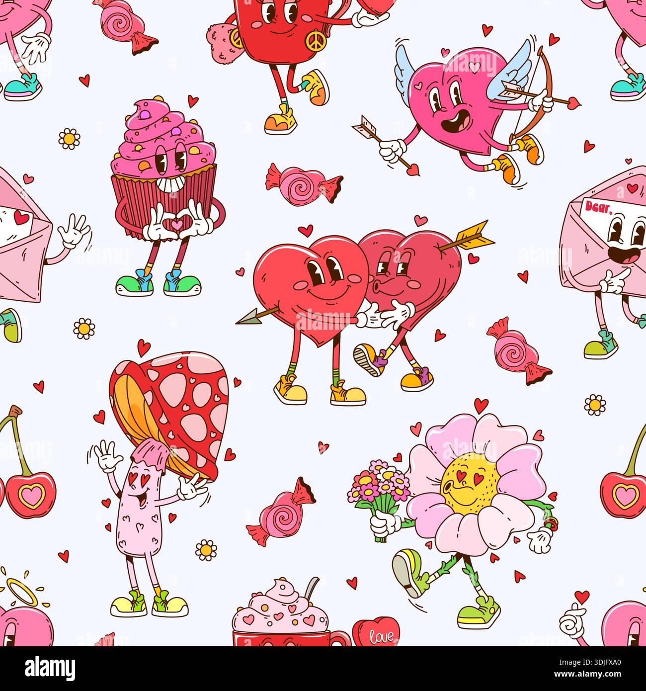Valentine groovy heart characters seamless pattern Stock Vector