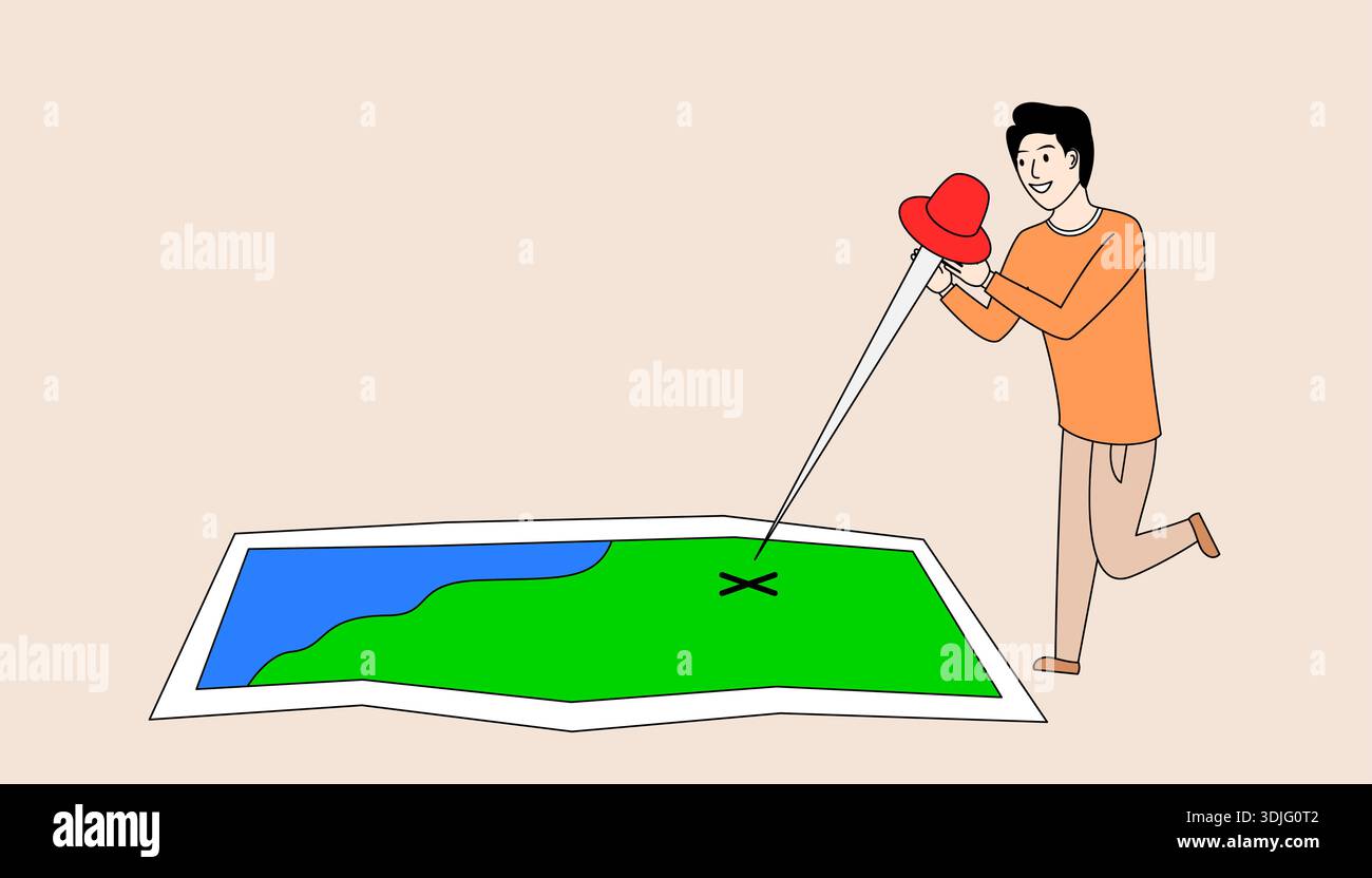 Man is holding a red pin and pointing at a map. Stock Vector