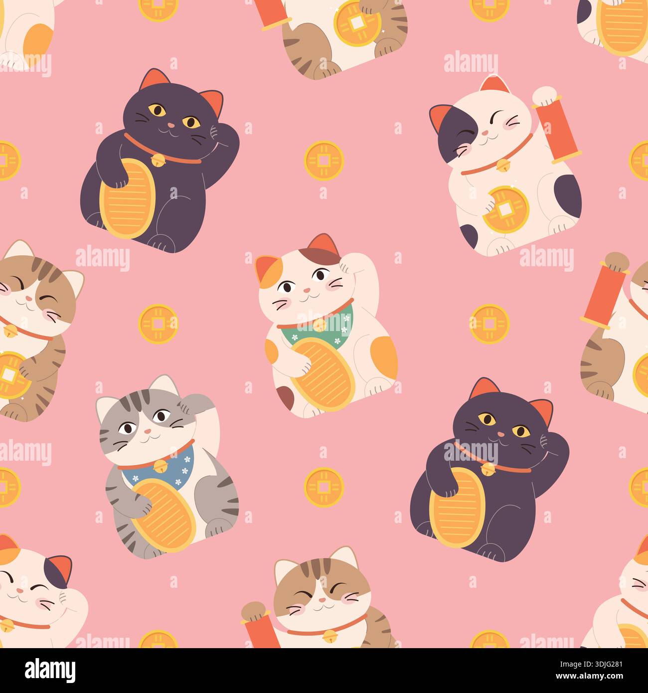 Seamless pattern of Japanese lucky Maneki neko cats. good luck and fortune Asian symbols. Vector illustration Stock Vector