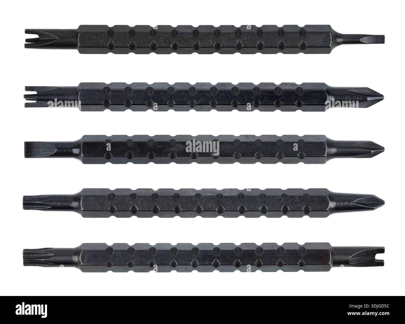 Screwdriver bits, different designs on white background. Stock Photo