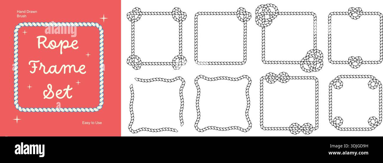 Square rope brush border frames. Twisted cord borders with decorative knots Stock Vector
