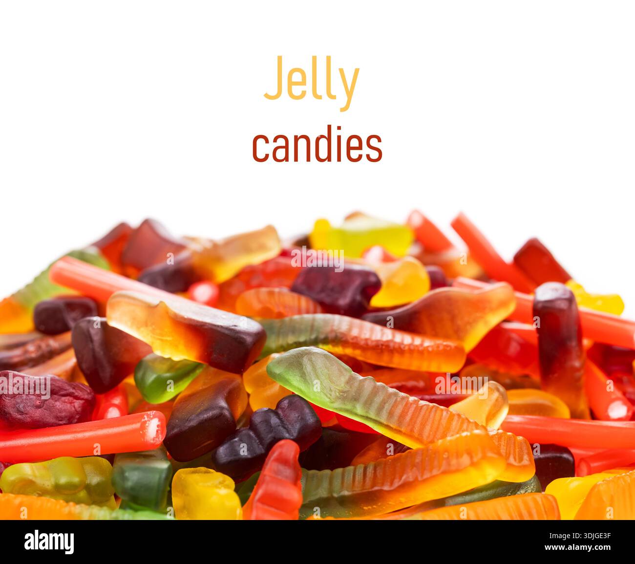 assorted jelly candies floating on white background. Stock Photo