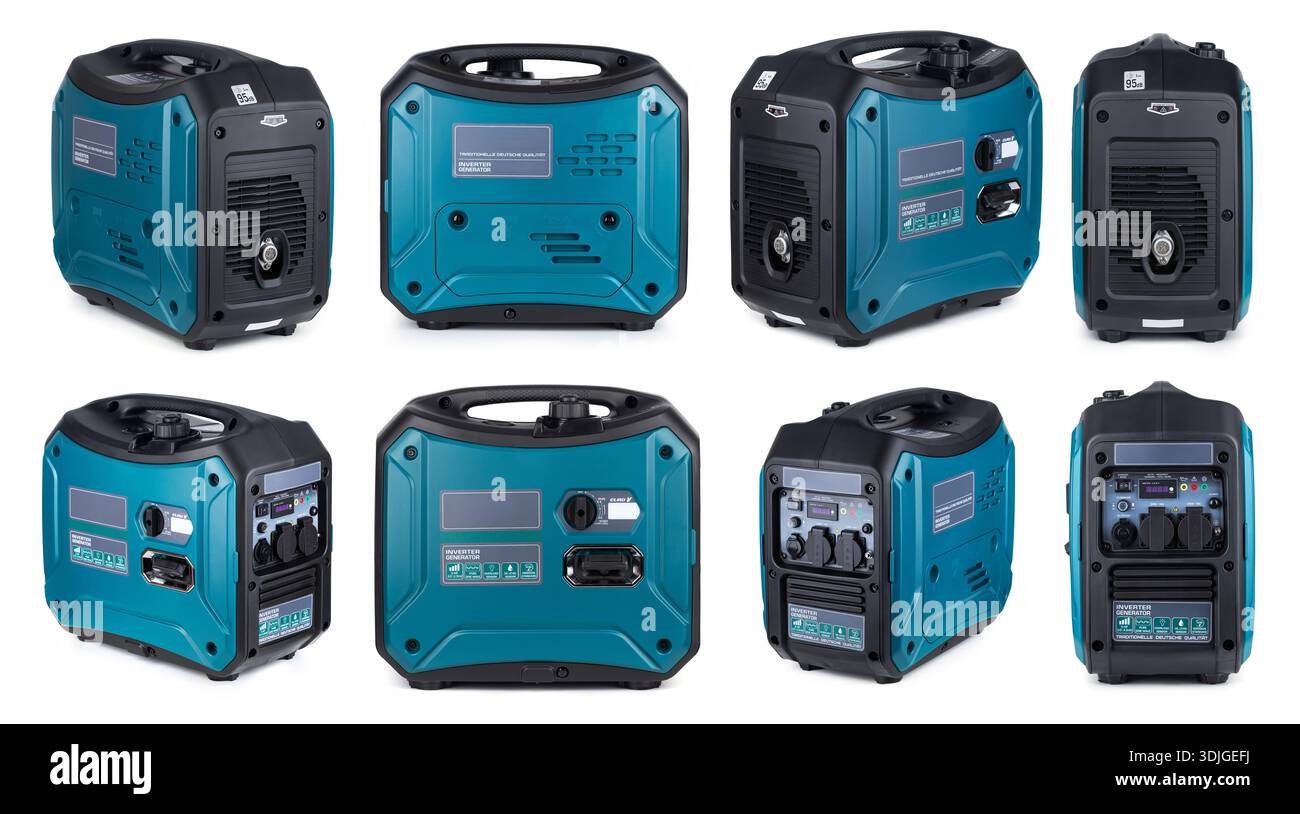 A modern blue portable gasoline inverter generator on white background ...