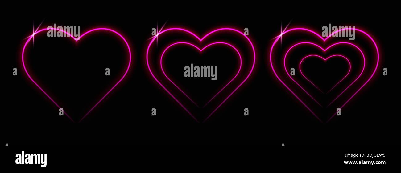 Set of pink glowing laser heart-shaped frames isolated on a black background. Abstract vector illustration. Stock Vector